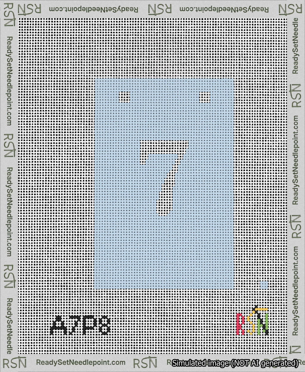 A taped needlepoint canvas with the design: Banner 13 mesh count Squared 7 White on Light Blue.