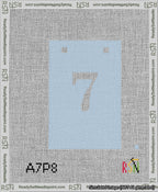 A taped needlepoint canvas with the design: Banner 13 mesh count Squared 7 White on Light Blue.