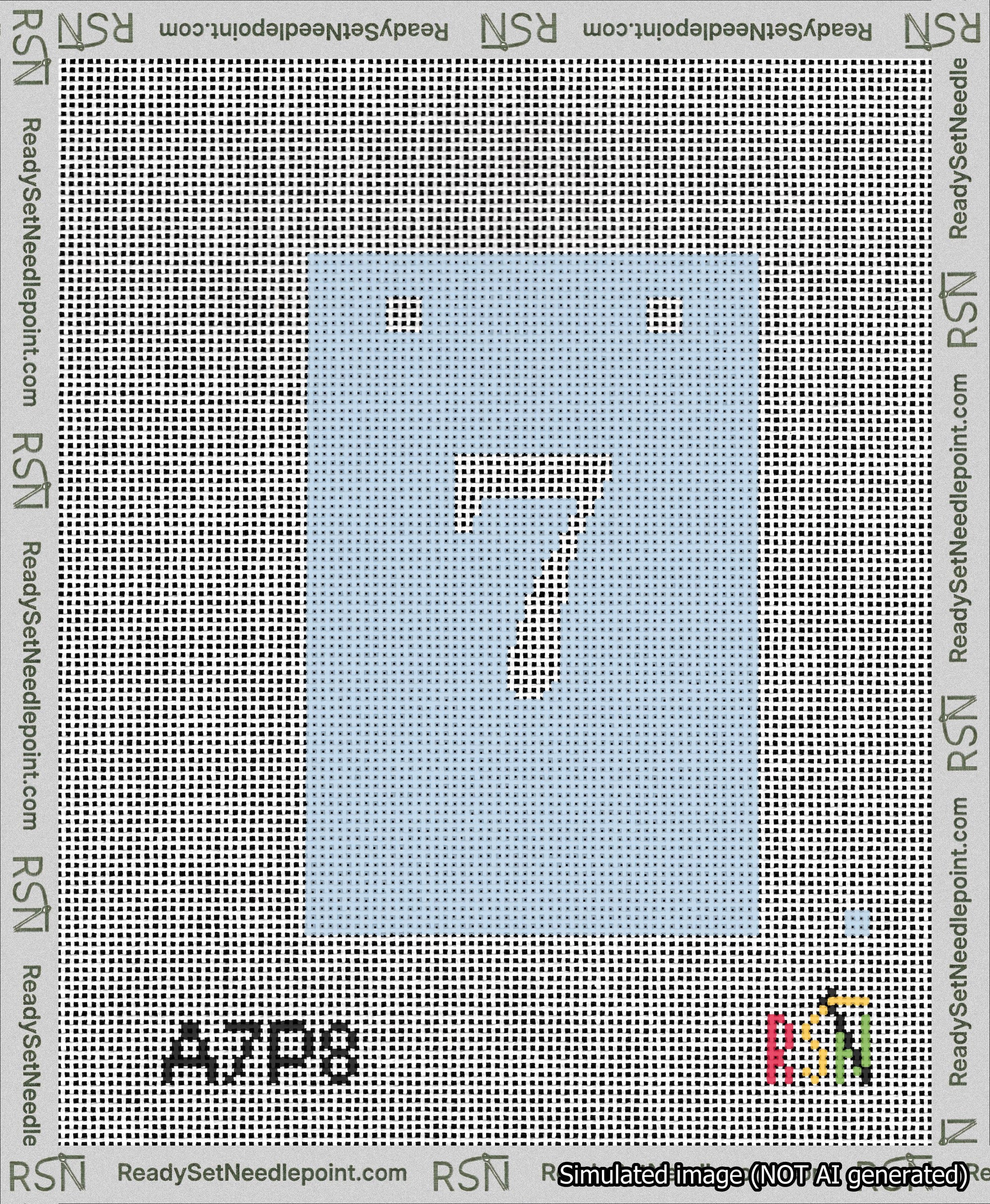 A taped needlepoint canvas with the design: Banner 13 mesh count Squared 7 White on Light Blue.
