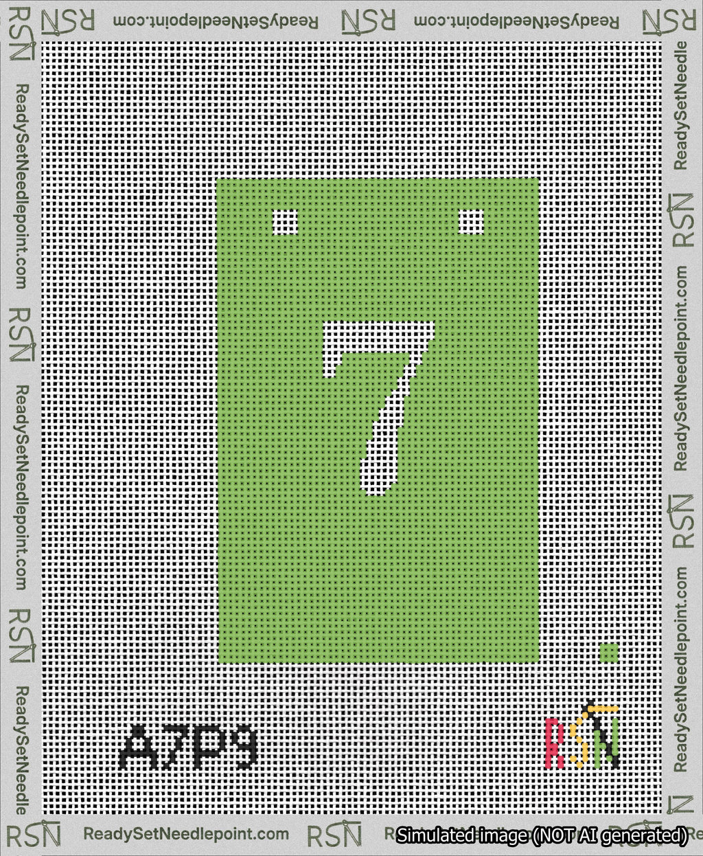 A taped needlepoint canvas with the design: Banner 13 mesh count Squared 7 White on Light Green.