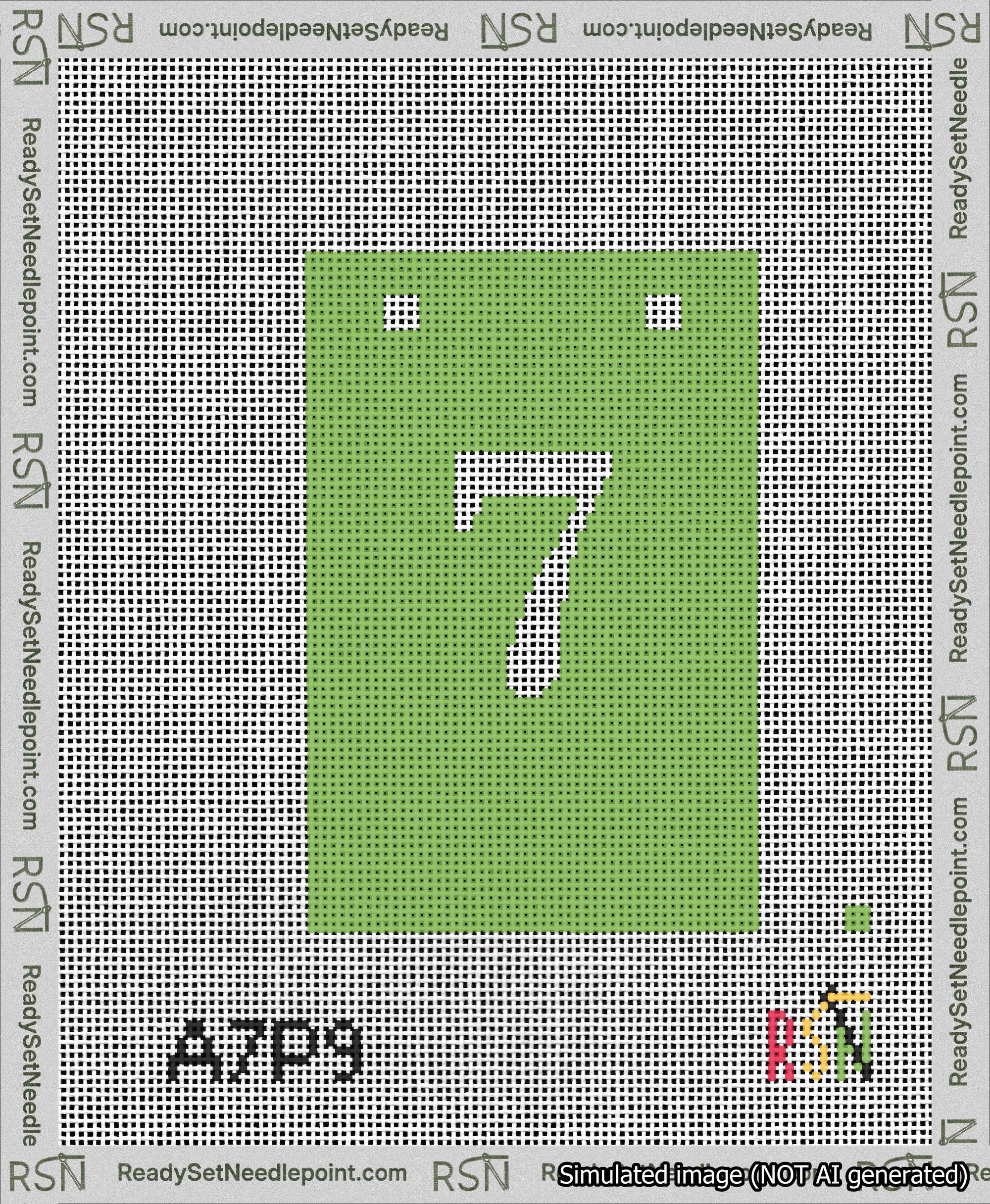 A taped needlepoint canvas with the design: Banner 13 mesh count Squared 7 White on Light Green.
