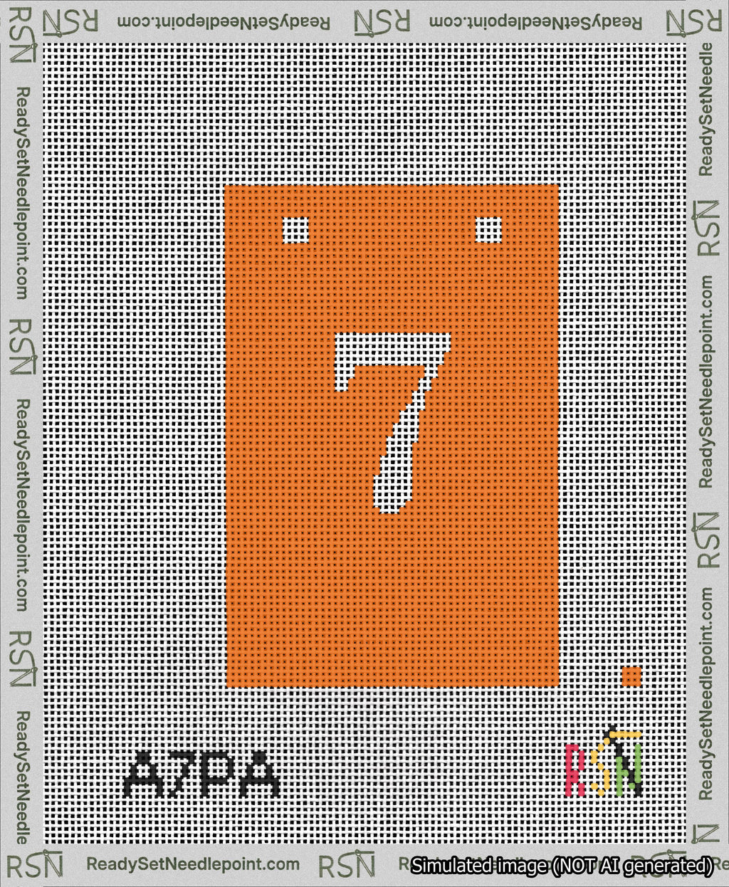 A taped needlepoint canvas with the design: Banner 13 mesh count Squared 7 White on Orange.