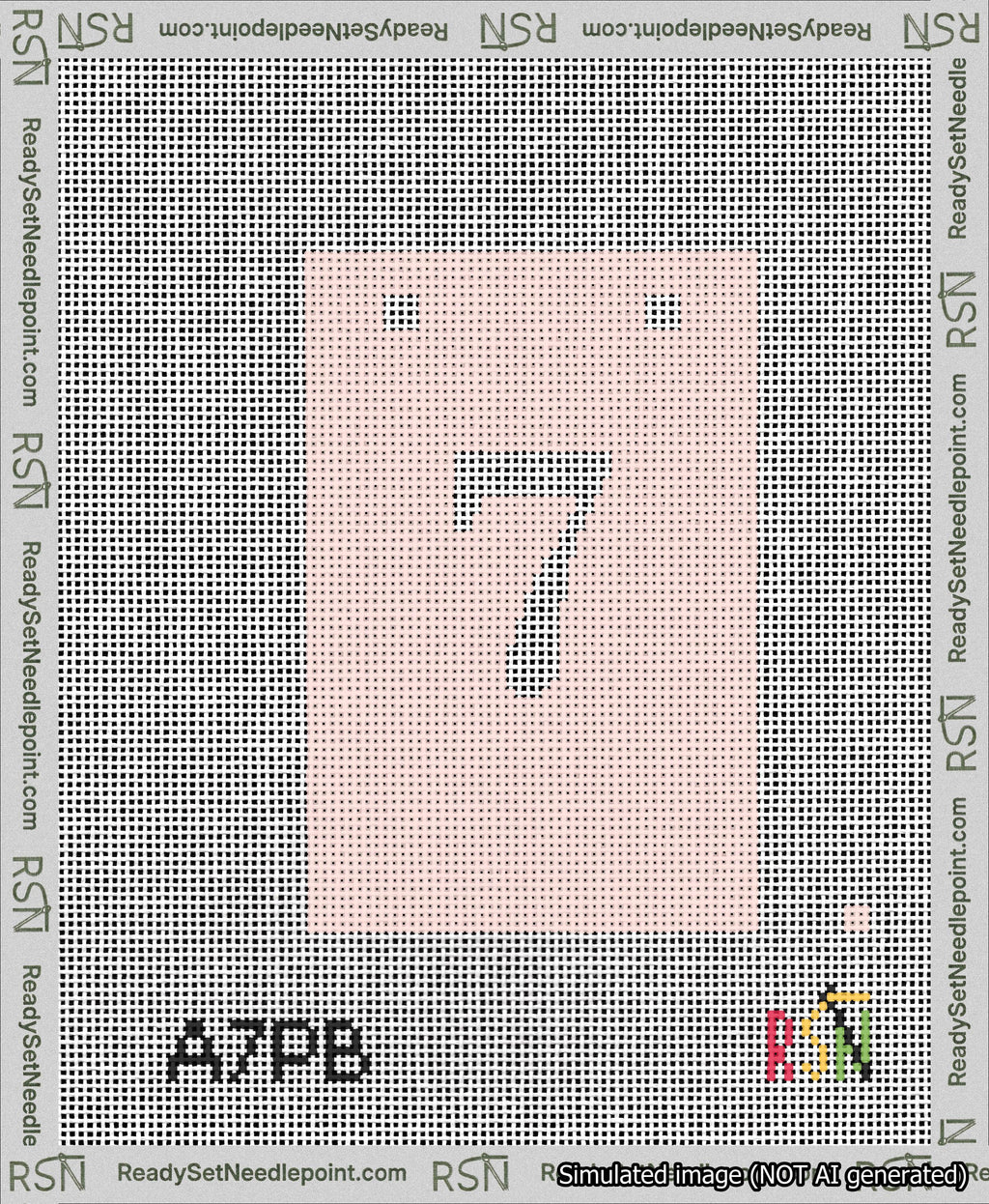 A taped needlepoint canvas with the design: Banner 13 mesh count Squared 7 White on Pink.