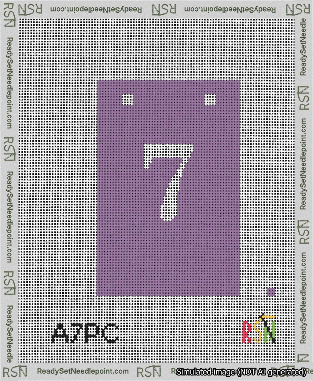 A taped needlepoint canvas with the design: Banner 13 mesh count Squared 7 White on Purple.