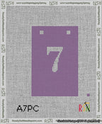 A taped needlepoint canvas with the design: Banner 13 mesh count Squared 7 White on Purple.