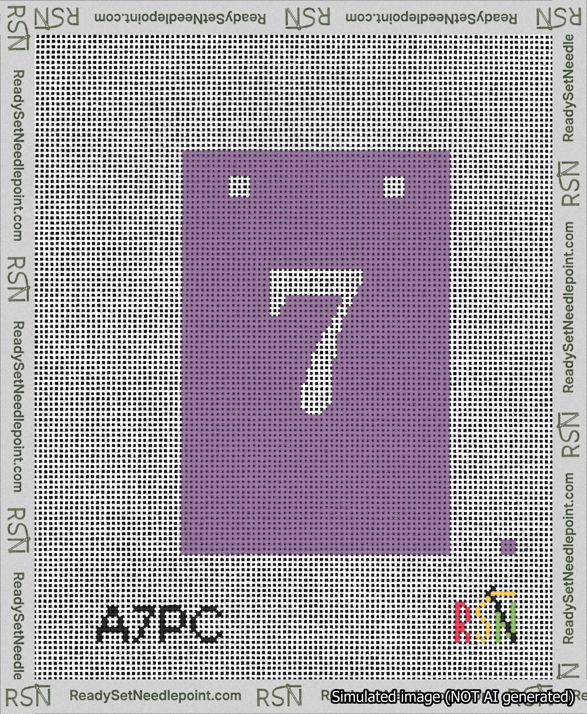 A taped needlepoint canvas with the design: Banner 13 mesh count Squared 7 White on Purple.