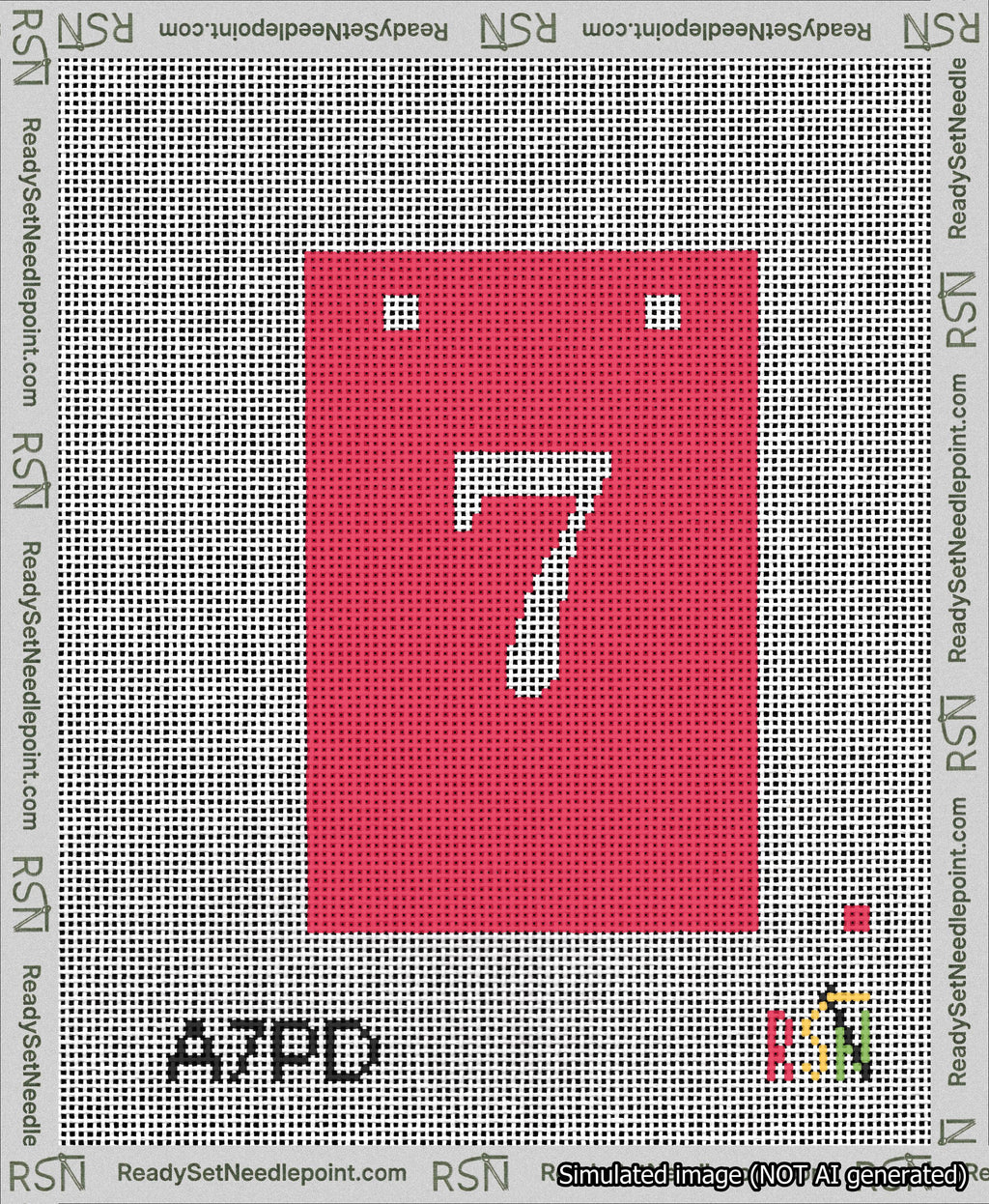 A taped needlepoint canvas with the design: Banner 13 mesh count Squared 7 White on Red.