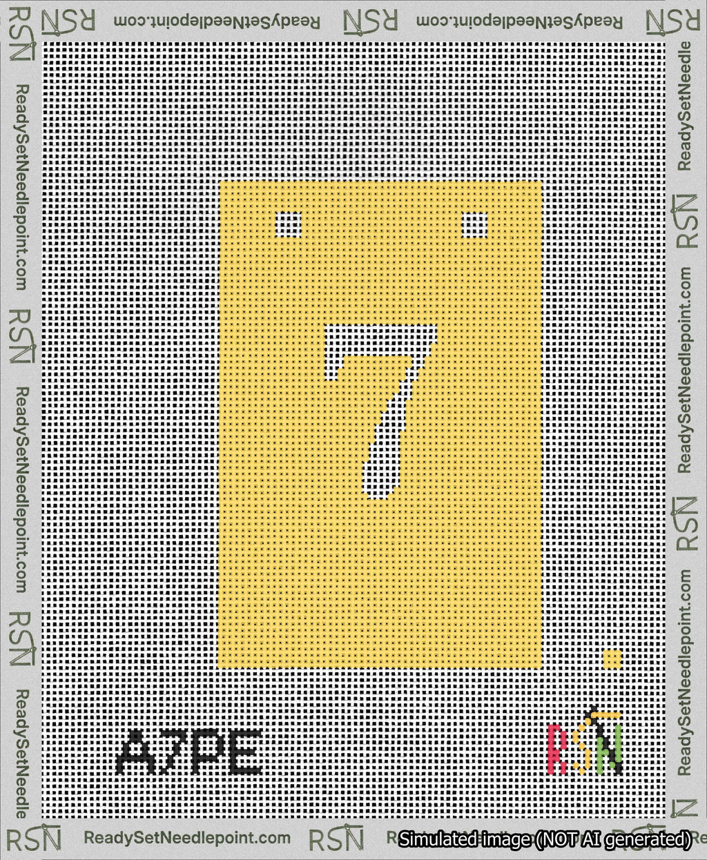 A taped needlepoint canvas with the design: Banner 13 mesh count Squared 7 White on Yellow.