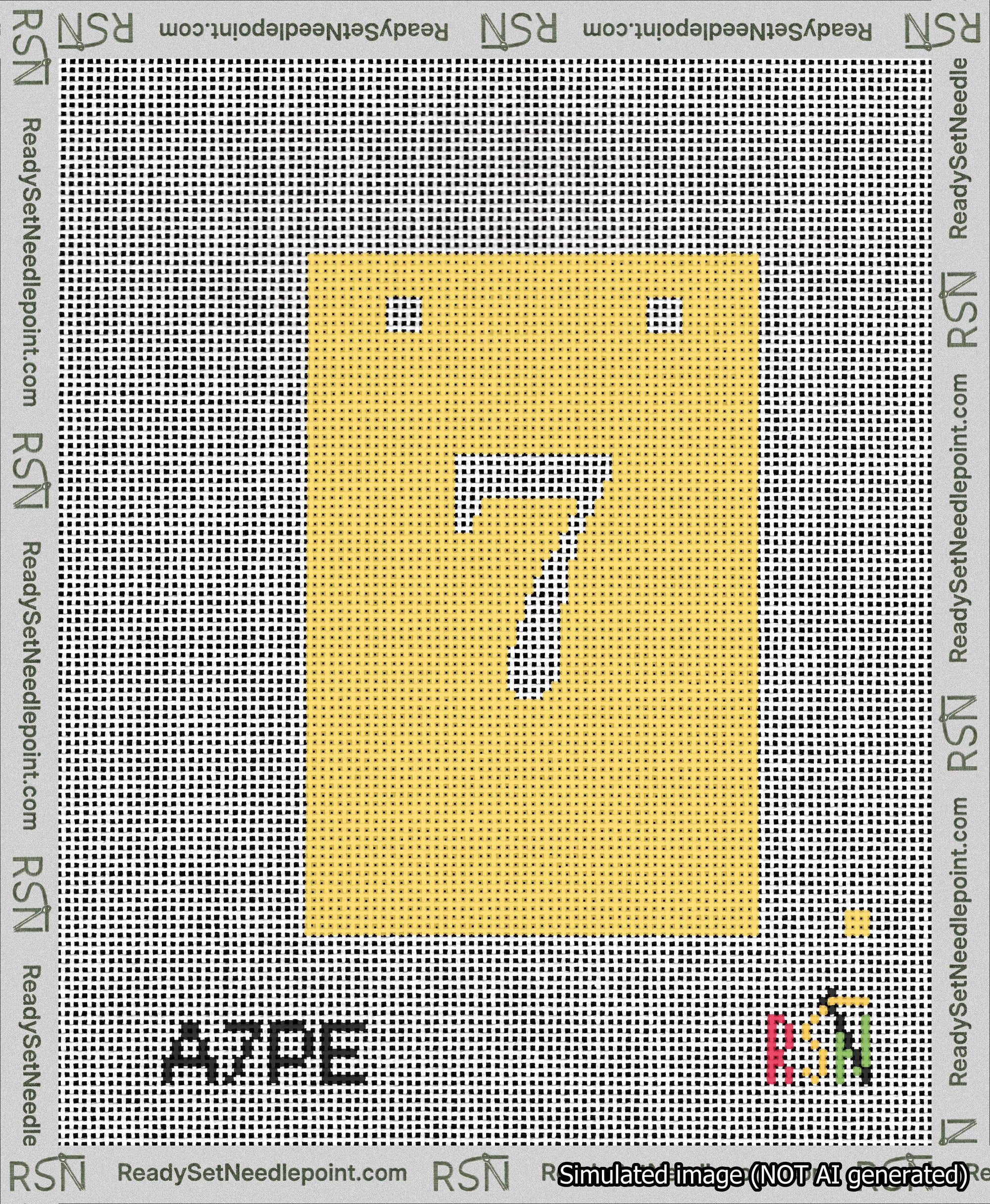 A taped needlepoint canvas with the design: Banner 13 mesh count Squared 7 White on Yellow.