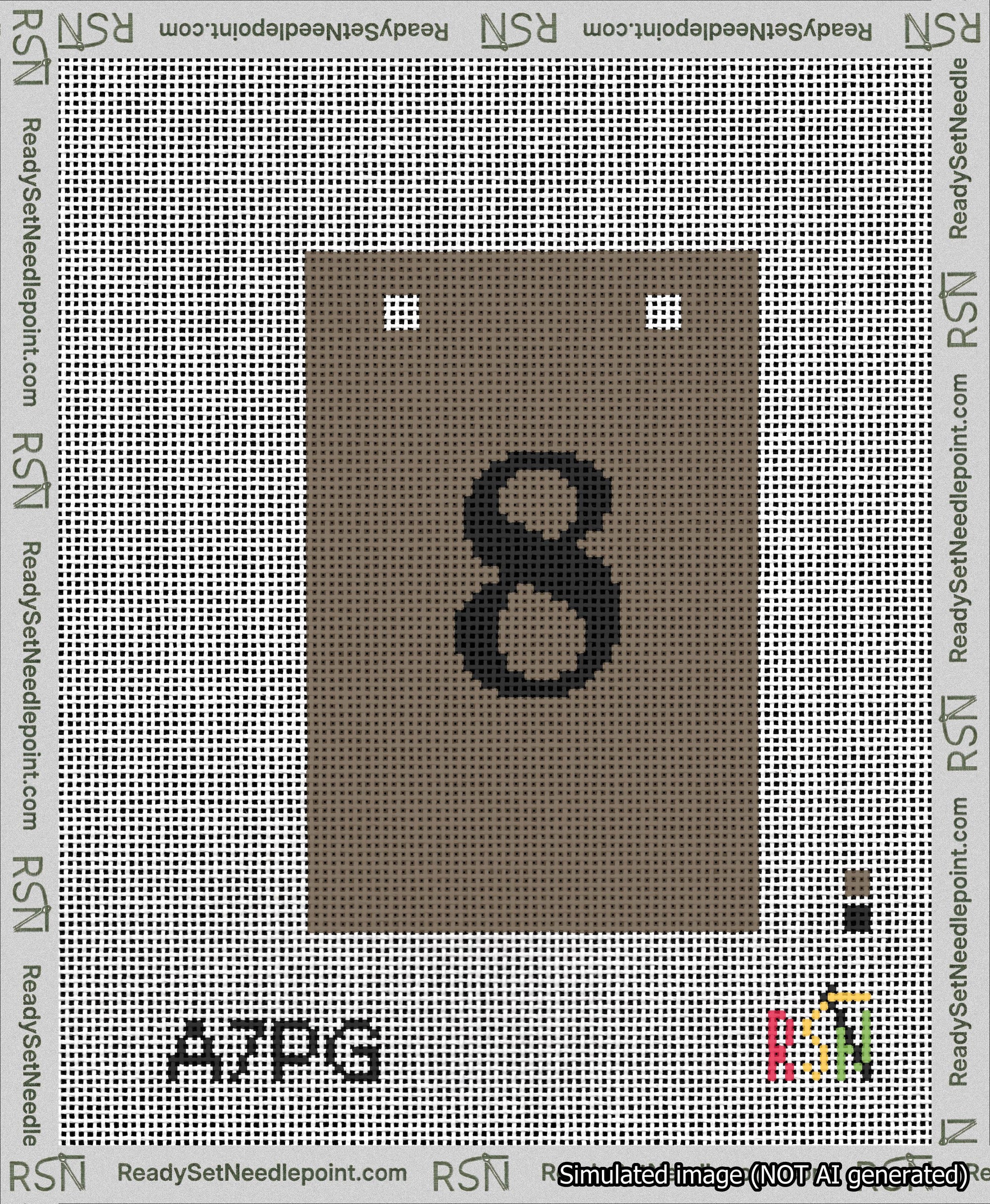 A taped needlepoint canvas with the design: Banner 13 mesh count Squared 8 Black on Brown.