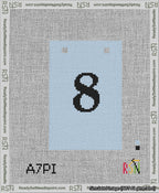 A taped needlepoint canvas with the design: Banner 13 mesh count Squared 8 Black on Light Blue.
