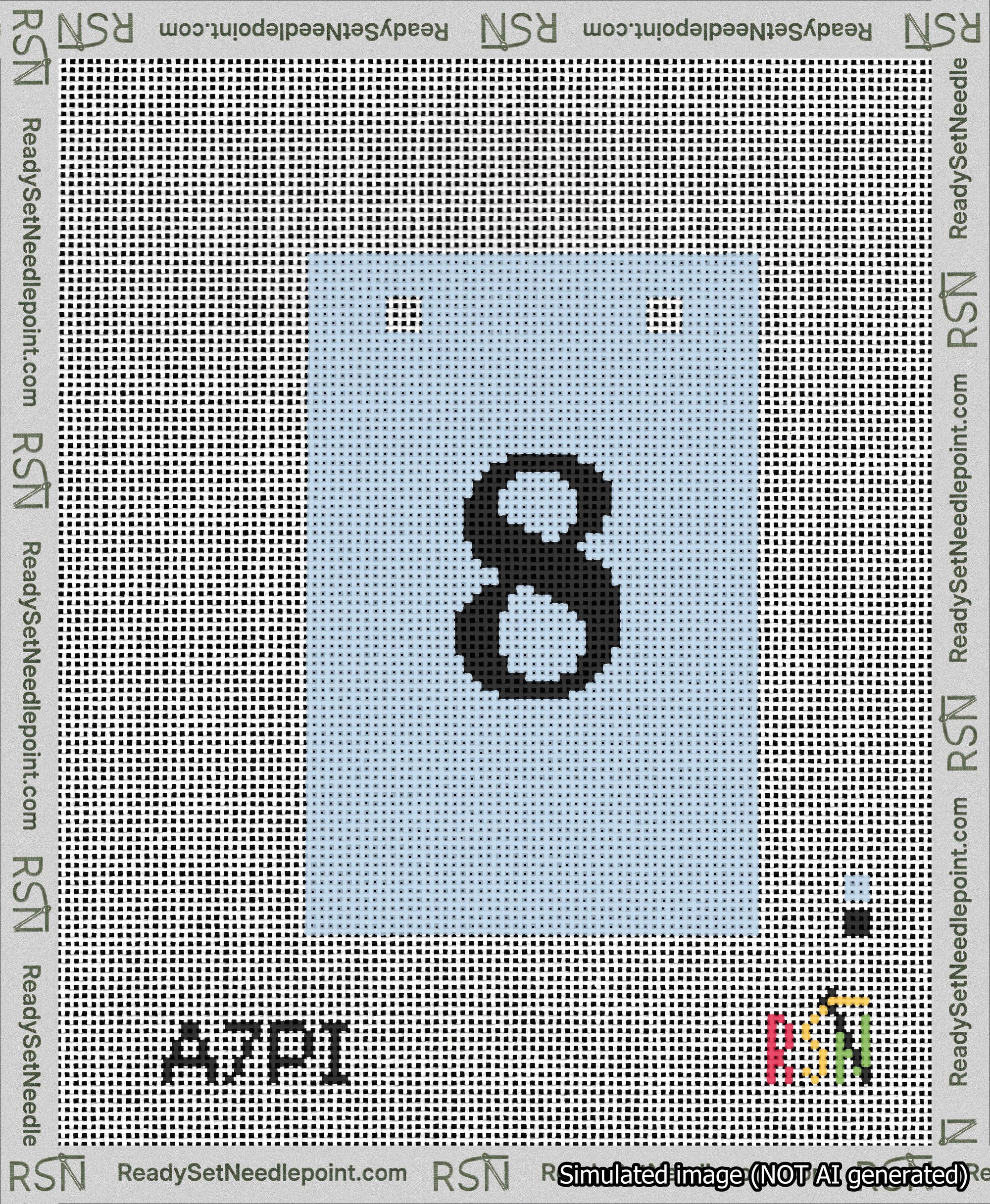 A taped needlepoint canvas with the design: Banner 13 mesh count Squared 8 Black on Light Blue.