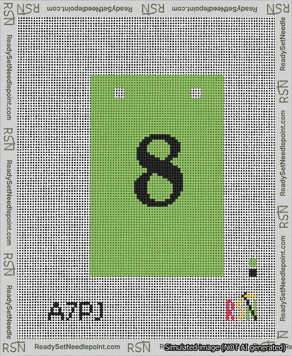 A taped needlepoint canvas with the design: Banner 13 mesh count Squared 8 Black on Light Green.