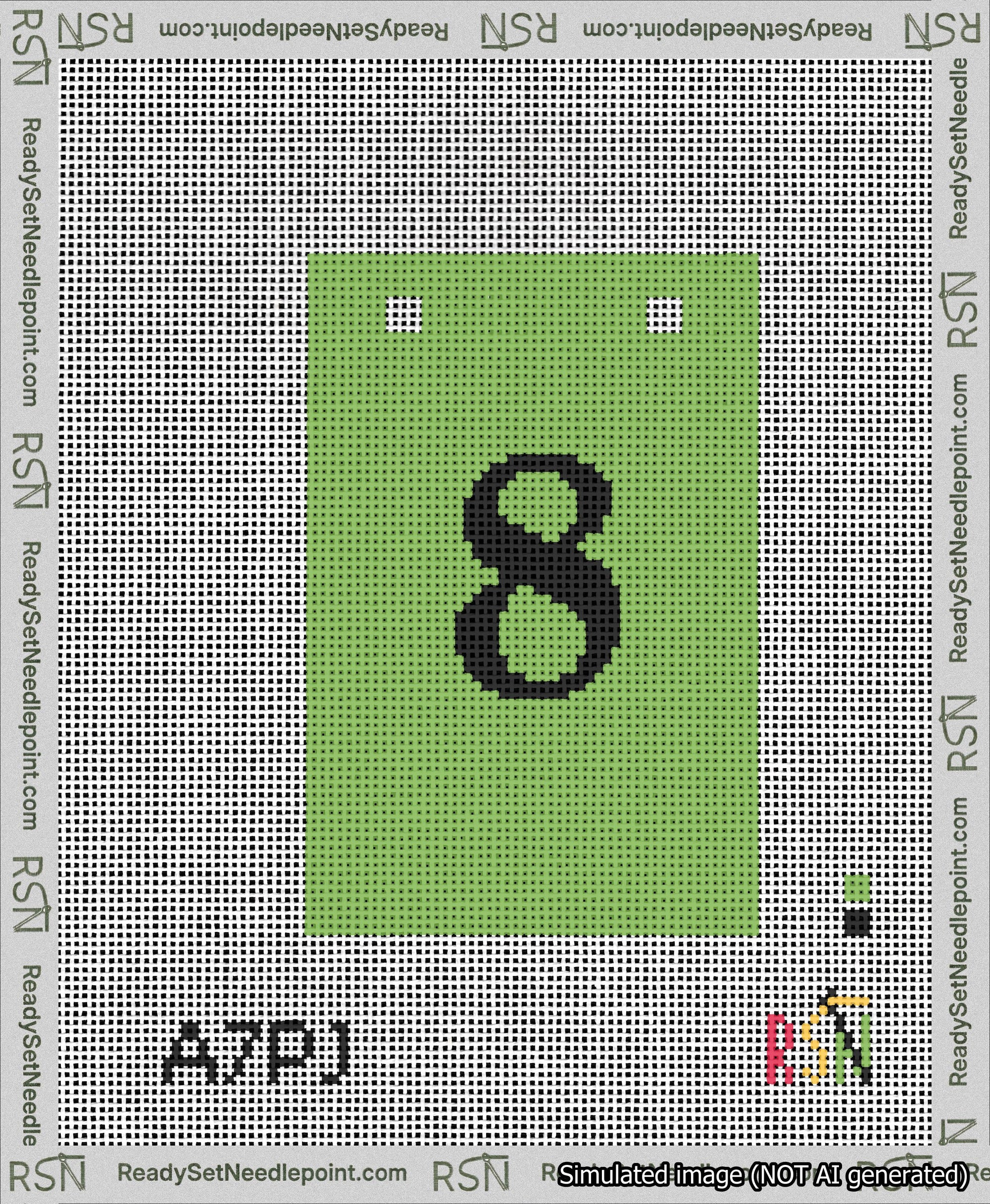 A taped needlepoint canvas with the design: Banner 13 mesh count Squared 8 Black on Light Green.