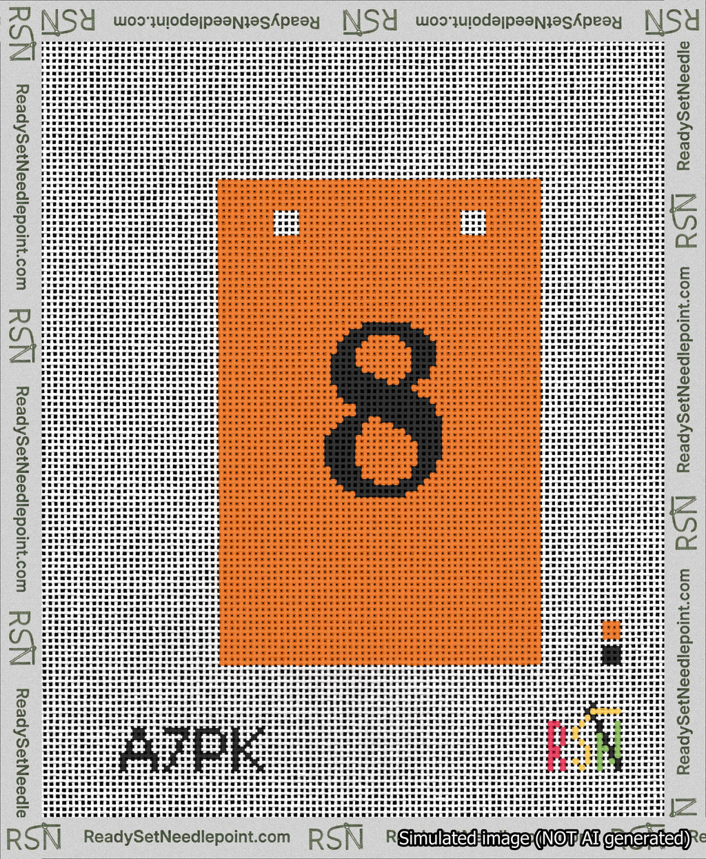 A taped needlepoint canvas with the design: Banner 13 mesh count Squared 8 Black on Orange.