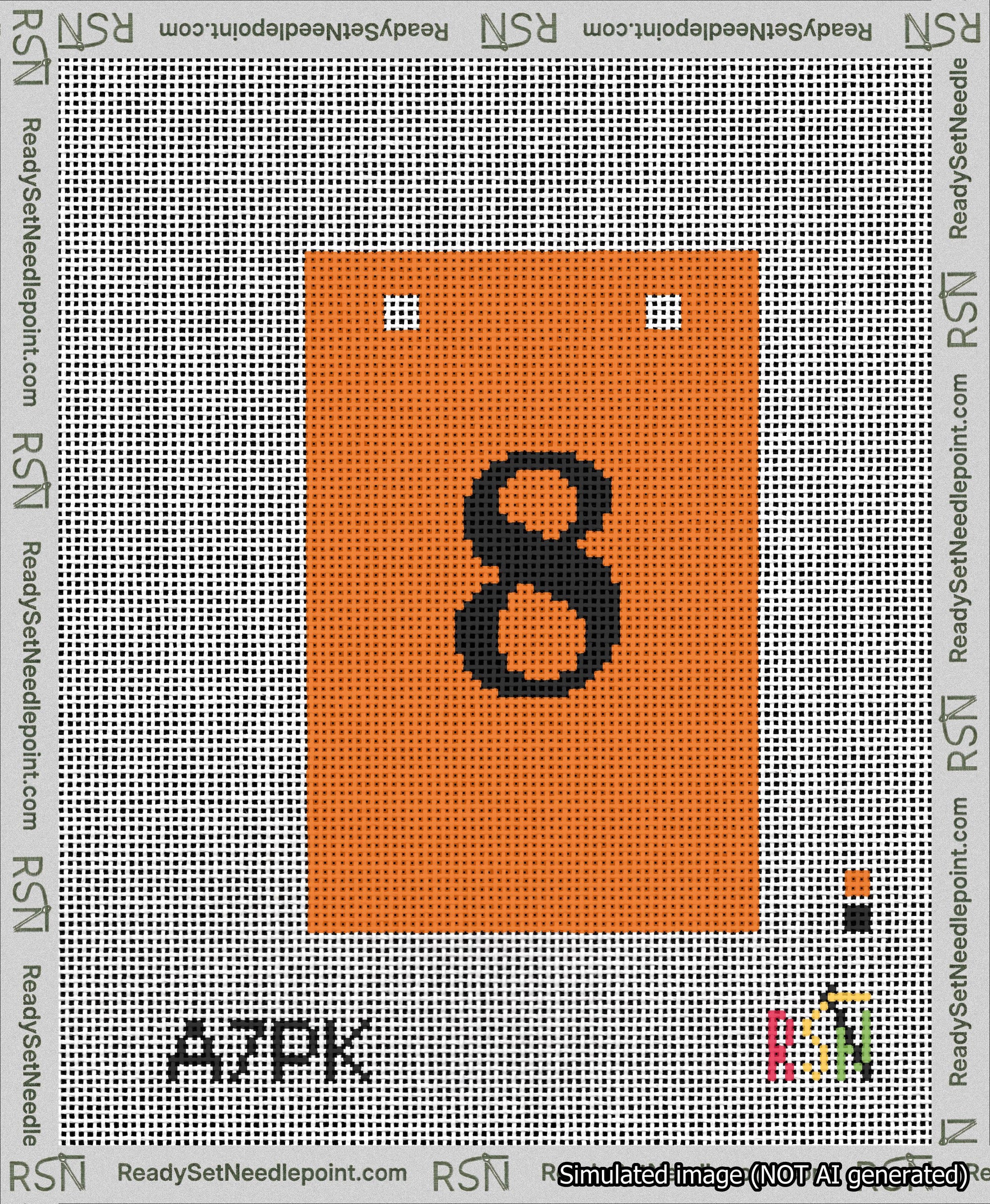 A taped needlepoint canvas with the design: Banner 13 mesh count Squared 8 Black on Orange.