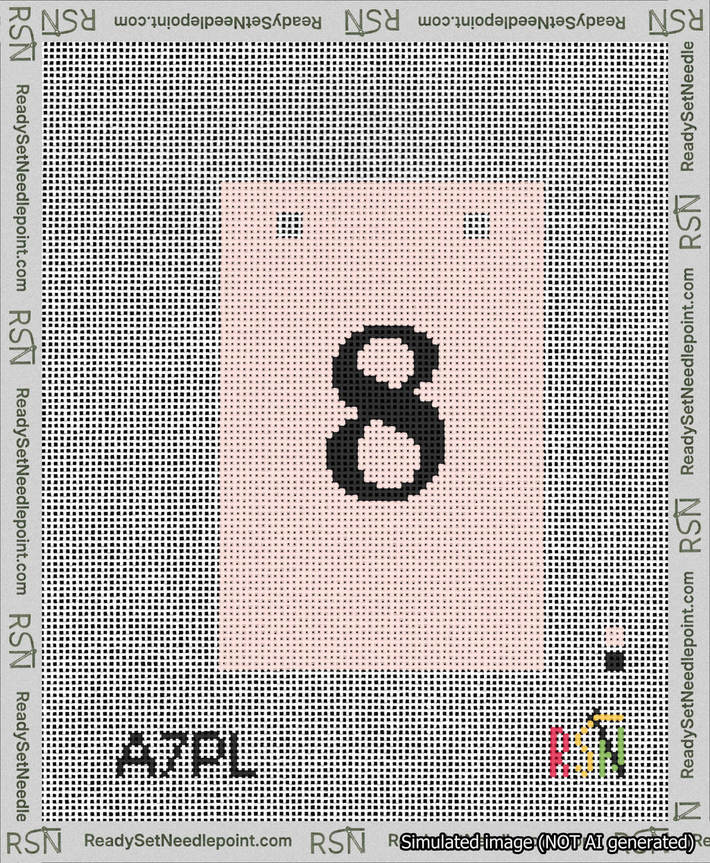 A taped needlepoint canvas with the design: Banner 13 mesh count Squared 8 Black on Pink.