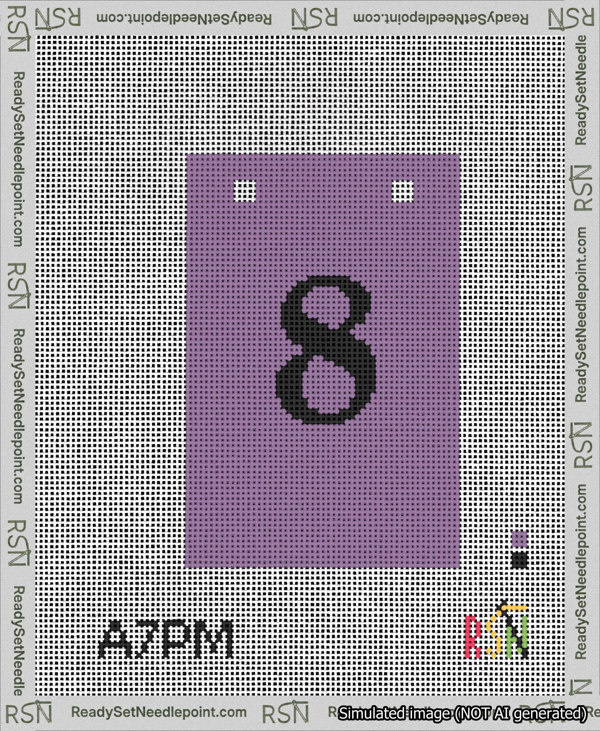 A taped needlepoint canvas with the design: Banner 13 mesh count Squared 8 Black on Purple.