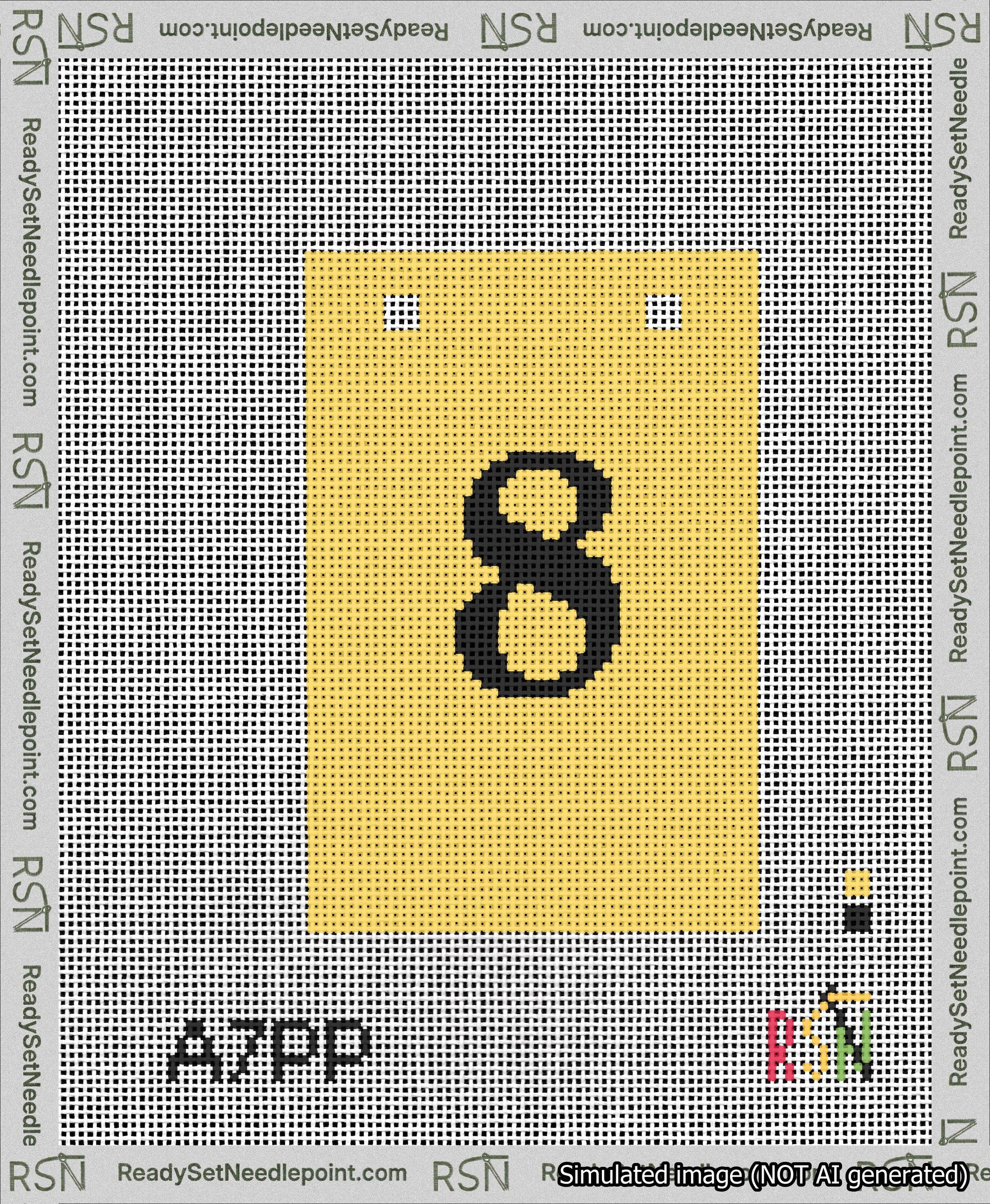 A taped needlepoint canvas with the design: Banner 13 mesh count Squared 8 Black on Yellow.