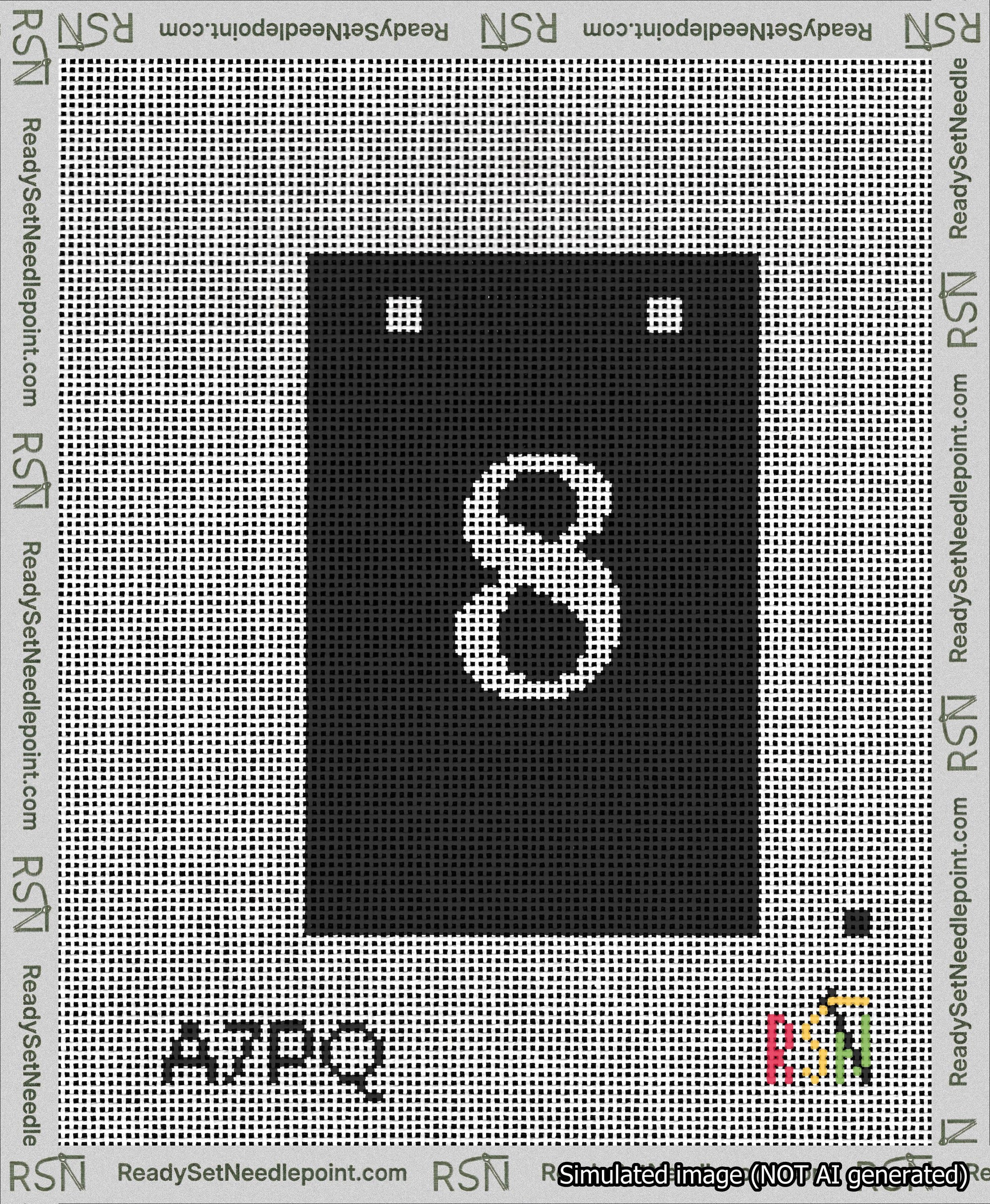 A taped needlepoint canvas with the design: Banner 13 mesh count Squared 8 White on Black.