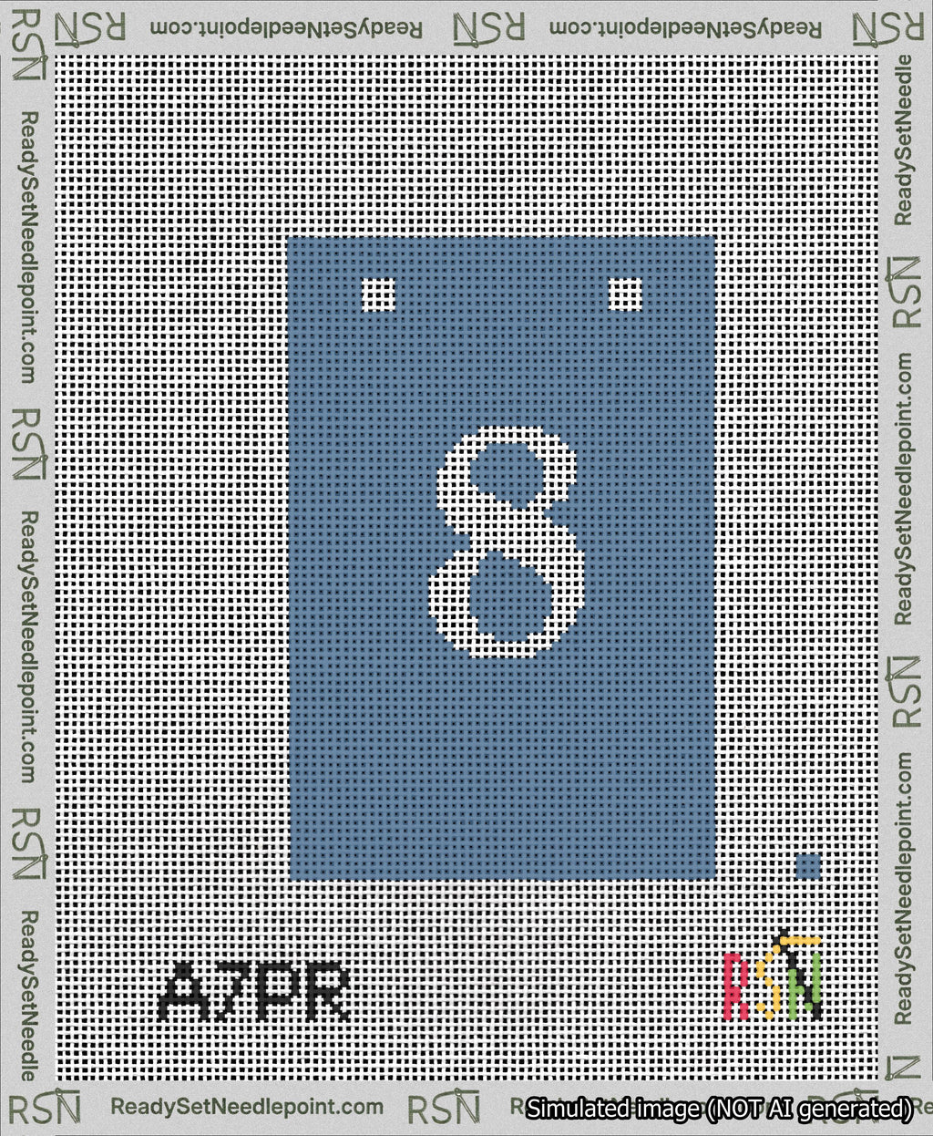 A taped needlepoint canvas with the design: Banner 13 mesh count Squared 8 White on Blue.