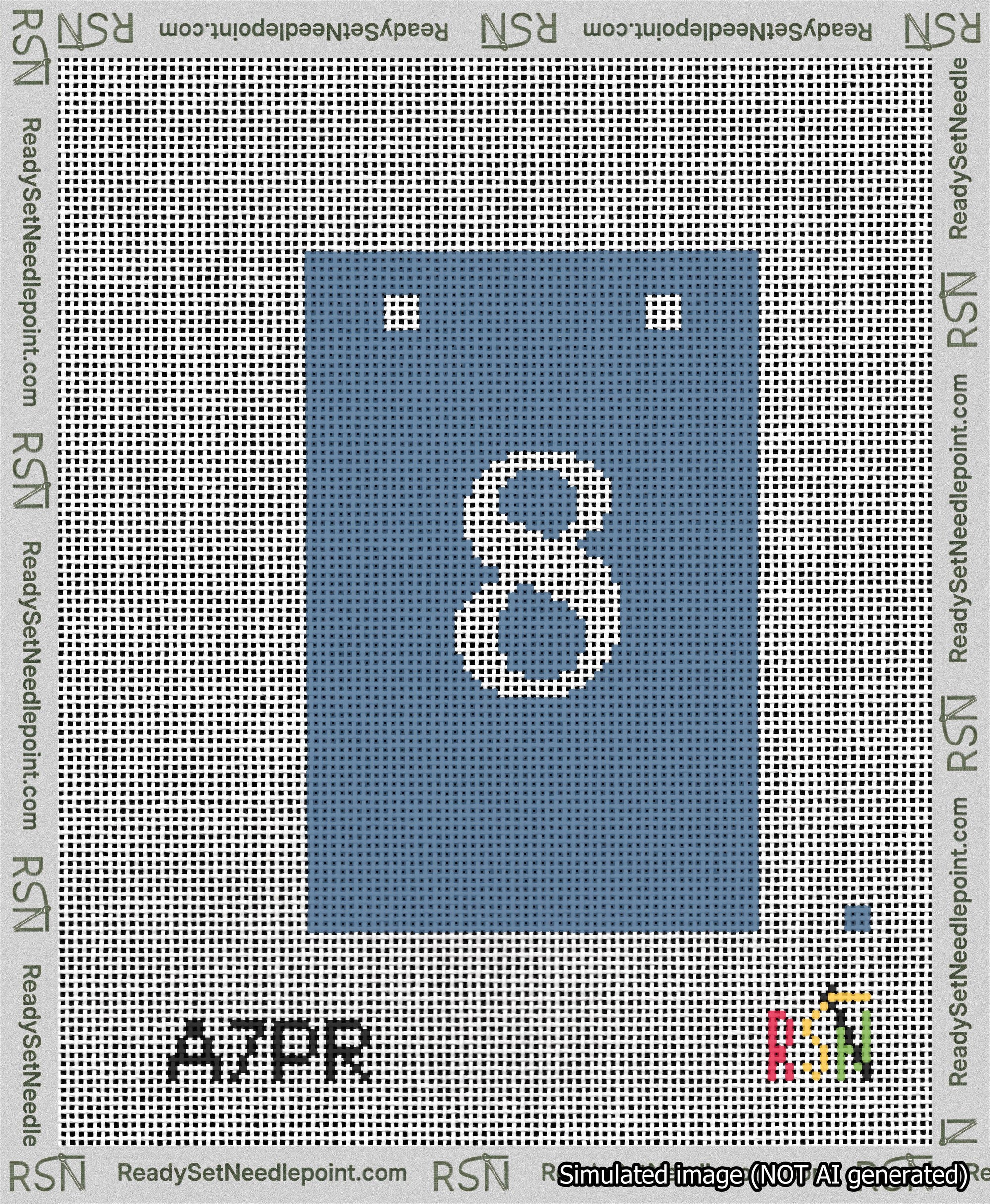 A taped needlepoint canvas with the design: Banner 13 mesh count Squared 8 White on Blue.