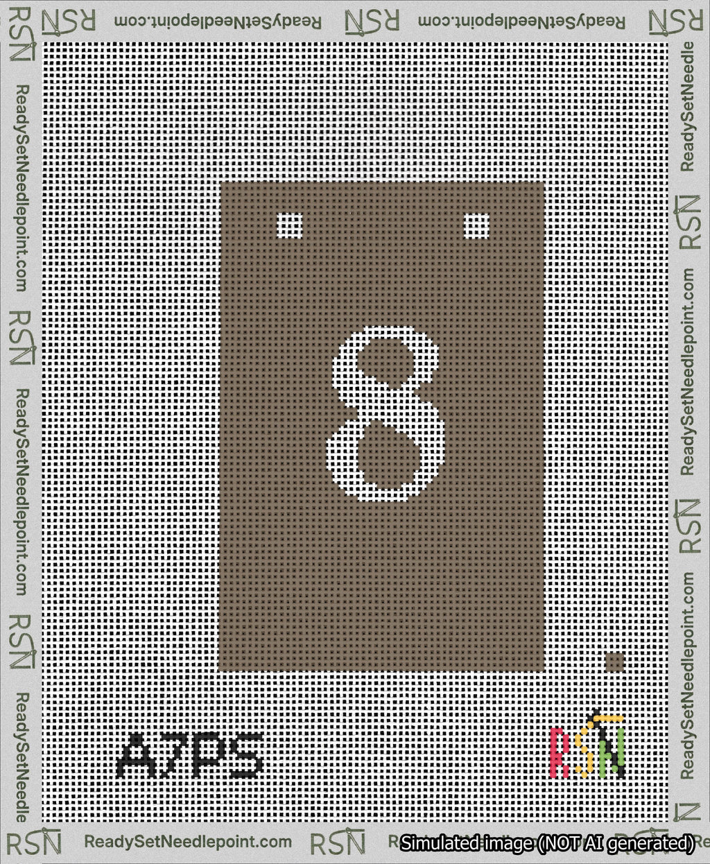 A taped needlepoint canvas with the design: Banner 13 mesh count Squared 8 White on Brown.
