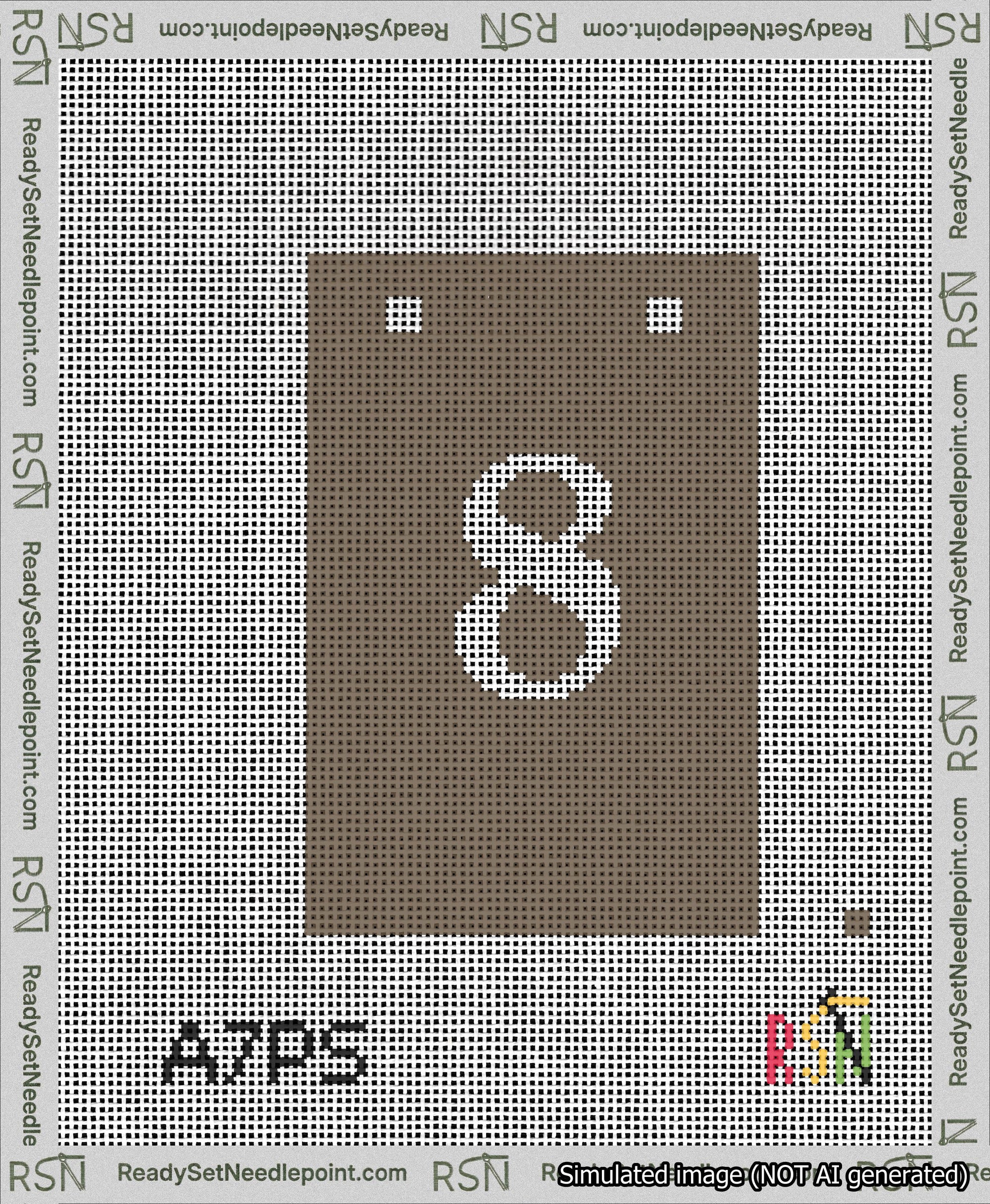 A taped needlepoint canvas with the design: Banner 13 mesh count Squared 8 White on Brown.