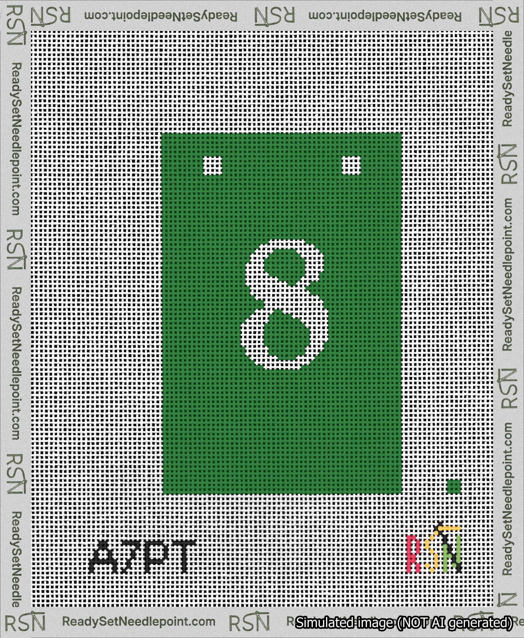 A taped needlepoint canvas with the design: Banner 13 mesh count Squared 8 White on Green.