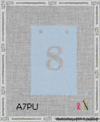 A taped needlepoint canvas with the design: Banner 13 mesh count Squared 8 White on Light Blue.