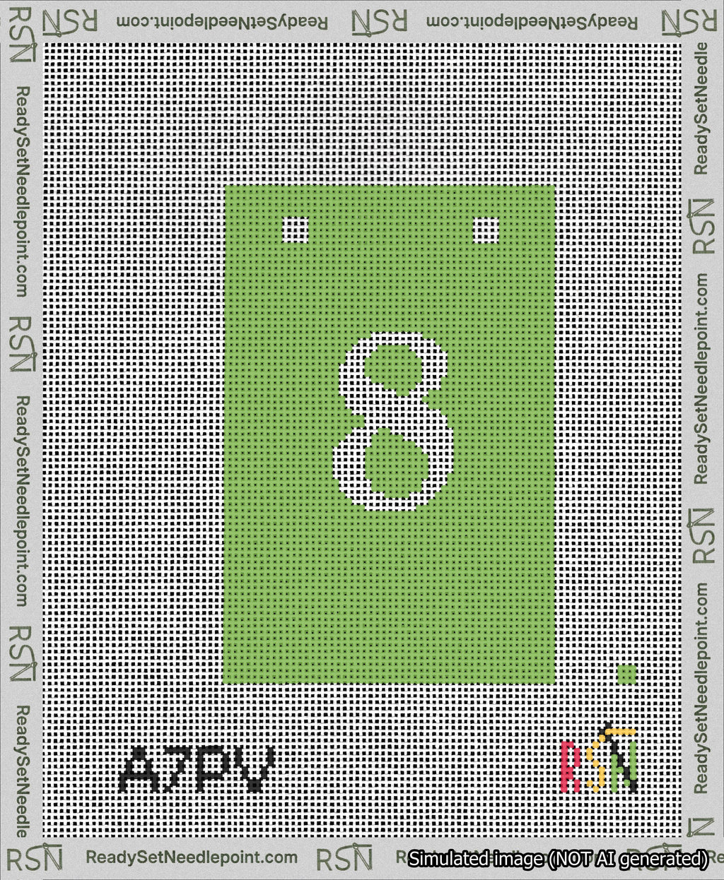 A taped needlepoint canvas with the design: Banner 13 mesh count Squared 8 White on Light Green.