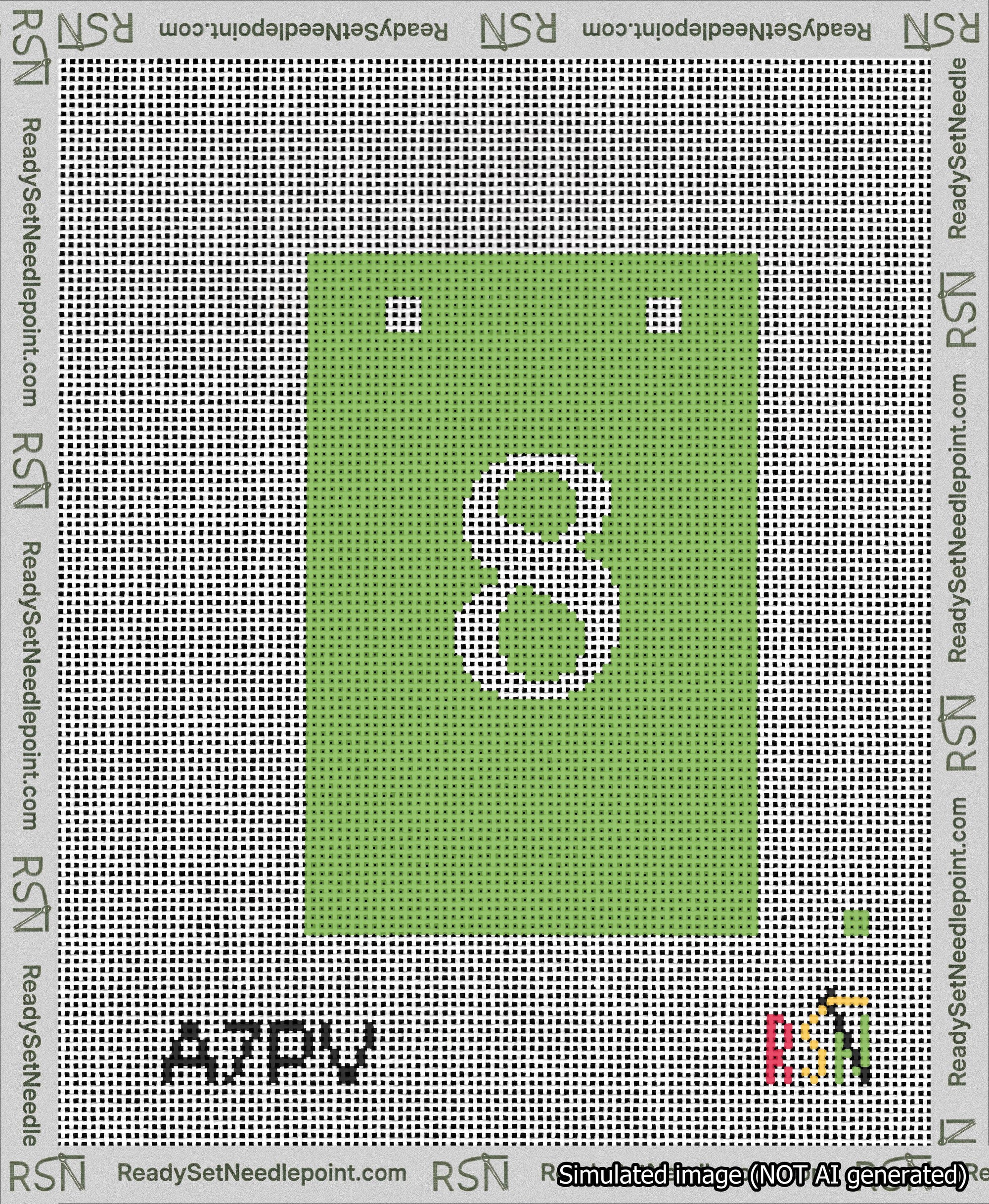 A taped needlepoint canvas with the design: Banner 13 mesh count Squared 8 White on Light Green.