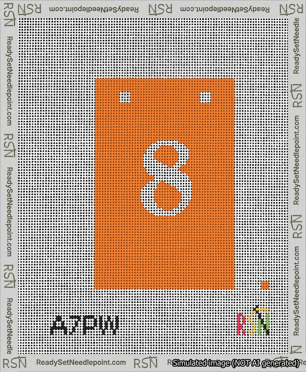 A taped needlepoint canvas with the design: Banner 13 mesh count Squared 8 White on Orange.