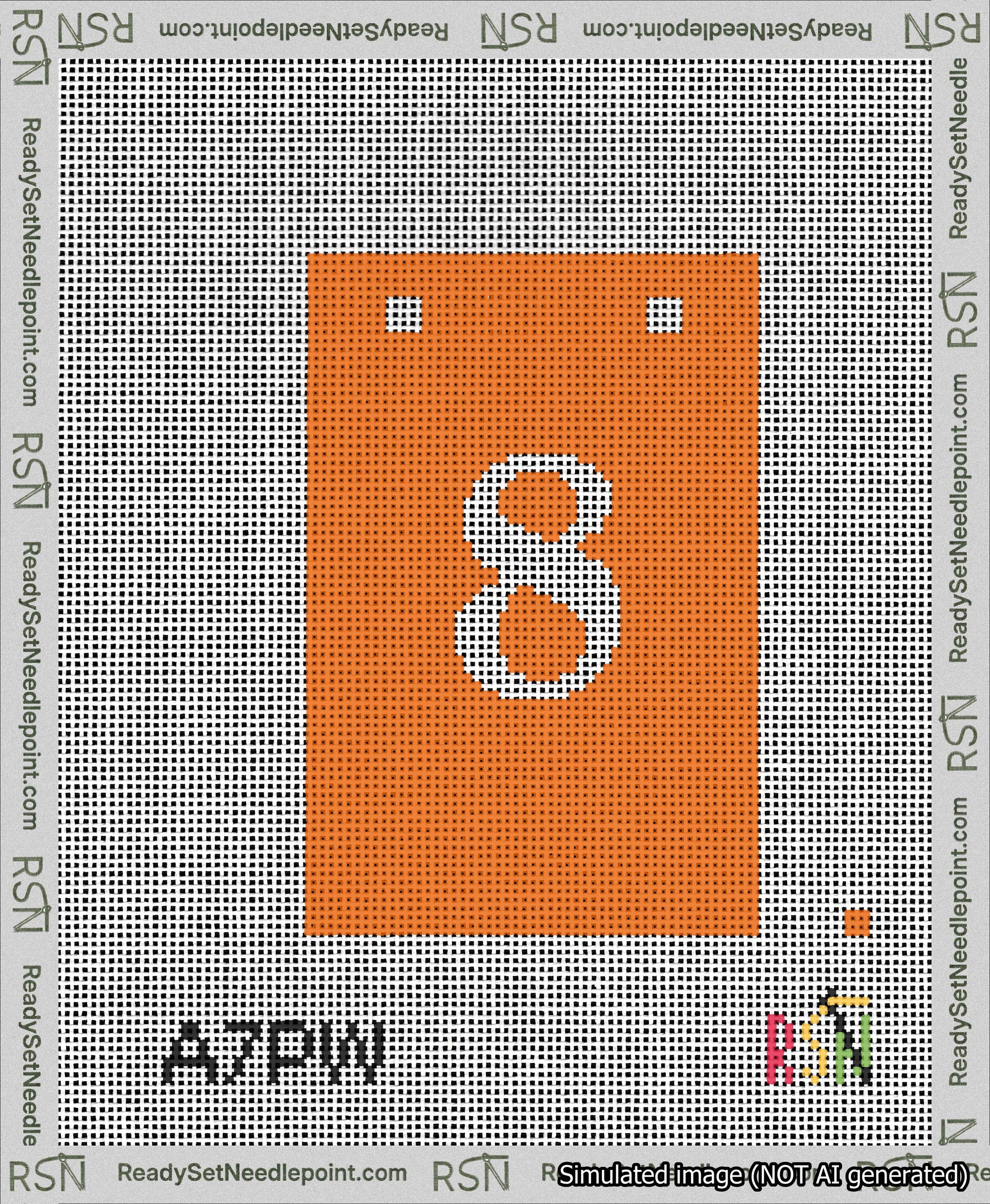 A taped needlepoint canvas with the design: Banner 13 mesh count Squared 8 White on Orange.