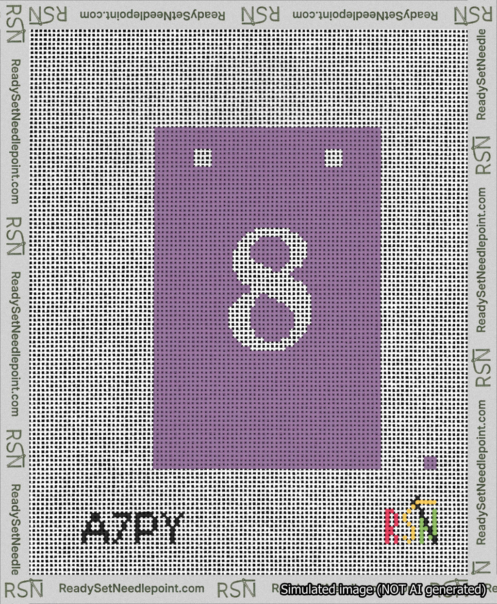 A taped needlepoint canvas with the design: Banner 13 mesh count Squared 8 White on Purple.
