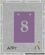 A taped needlepoint canvas with the design: Banner 13 mesh count Squared 8 White on Purple.
