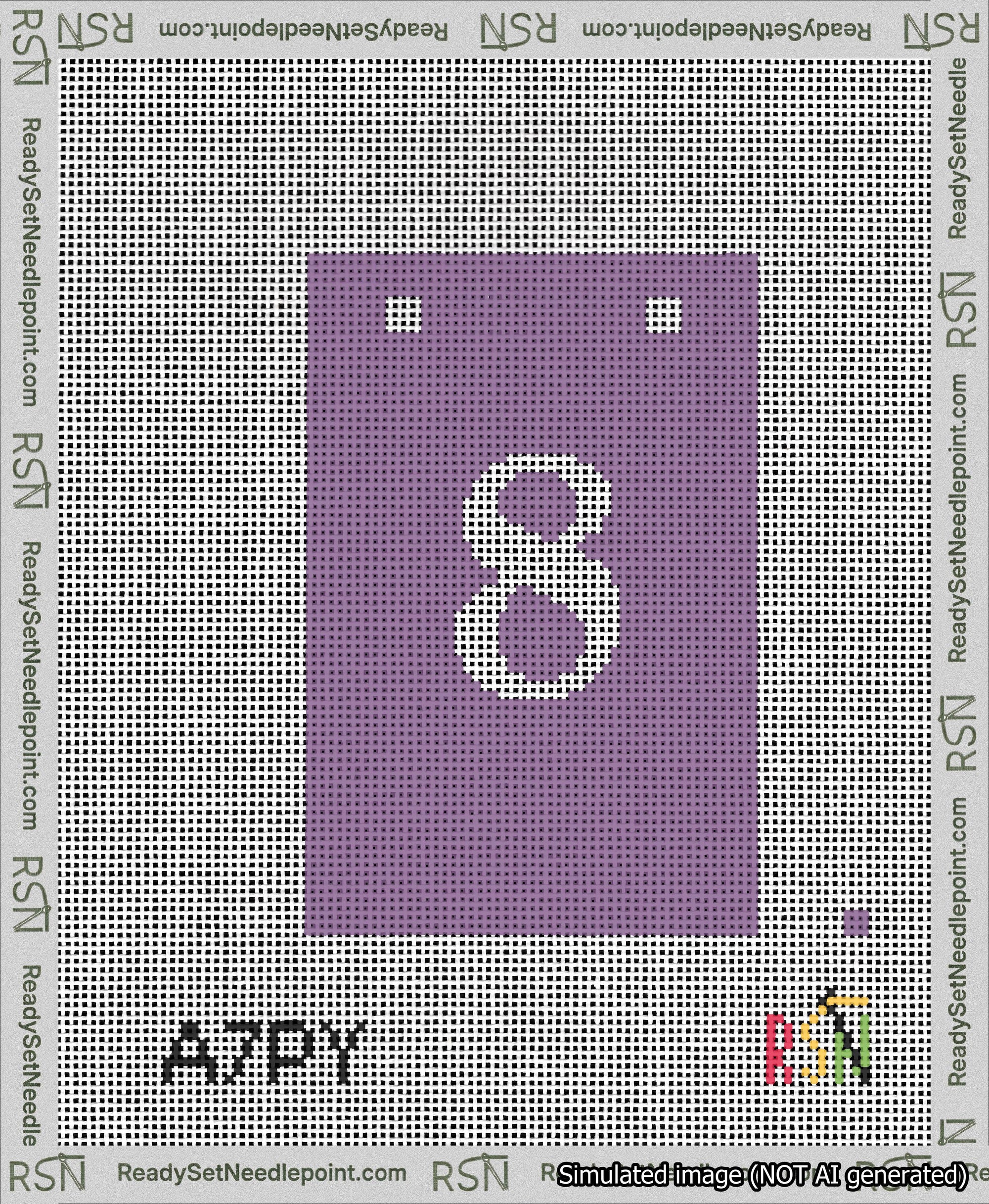A taped needlepoint canvas with the design: Banner 13 mesh count Squared 8 White on Purple.