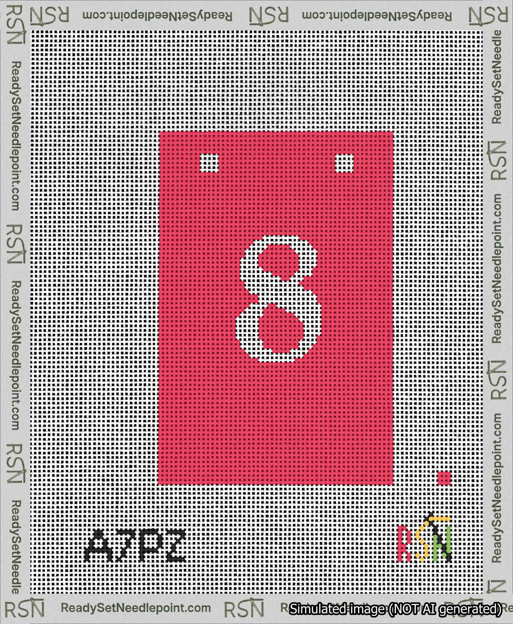 A taped needlepoint canvas with the design: Banner 13 mesh count Squared 8 White on Red.