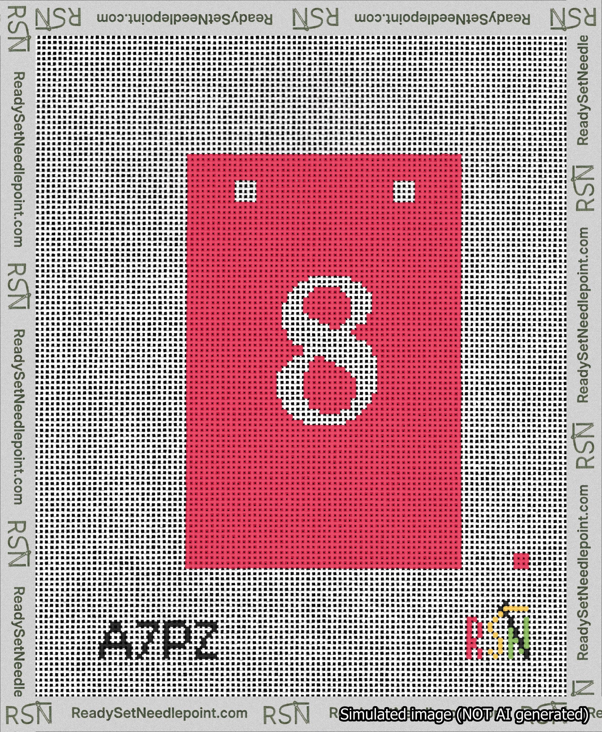 A taped needlepoint canvas with the design: Banner 13 mesh count Squared 8 White on Red.