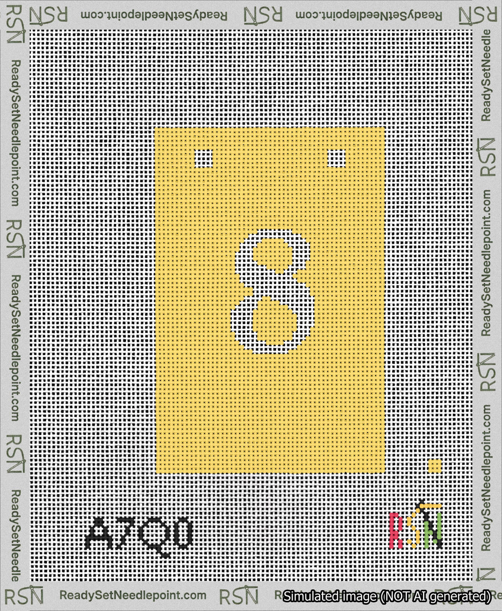 A taped needlepoint canvas with the design: Banner 13 mesh count Squared 8 White on Yellow.