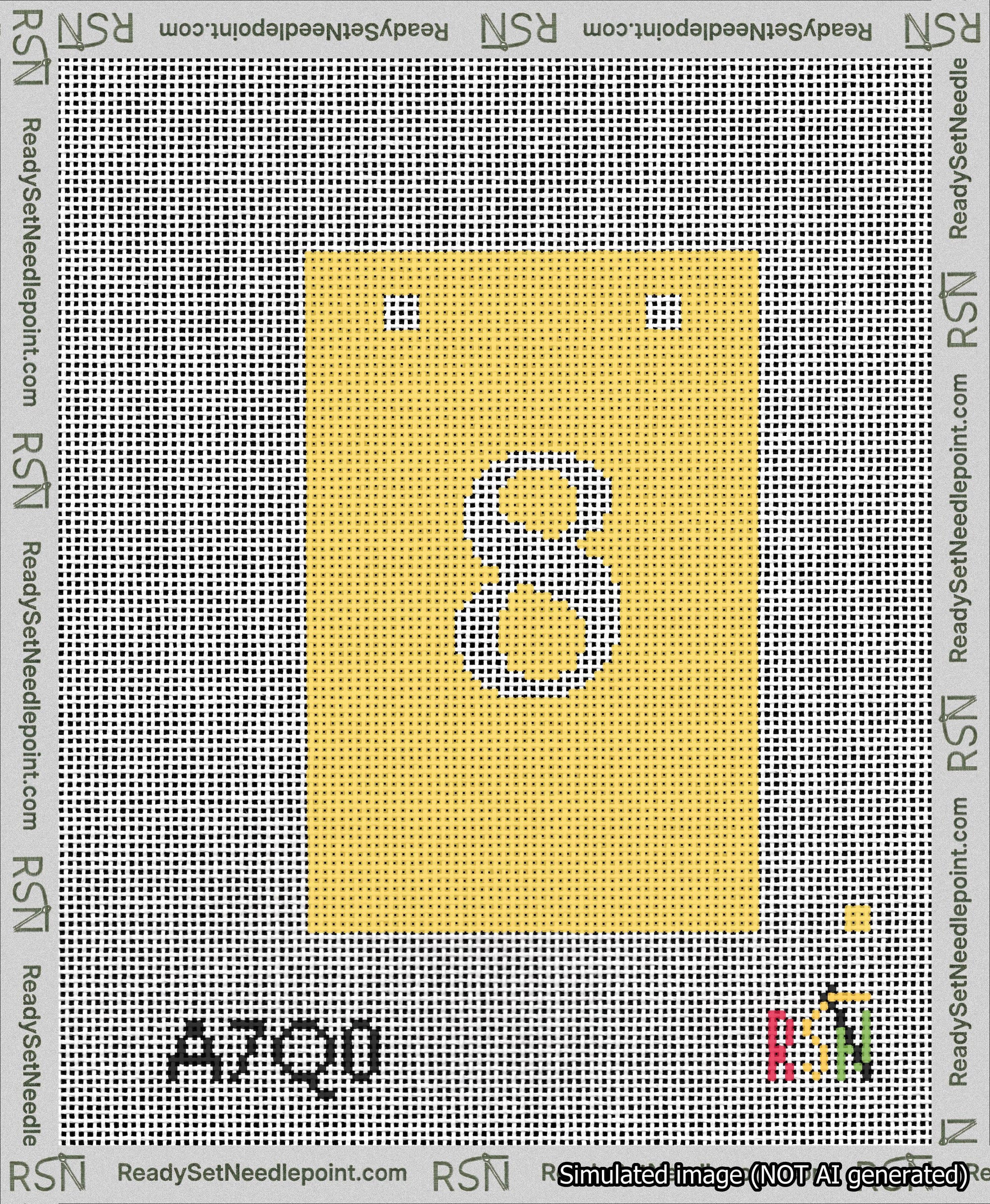 A taped needlepoint canvas with the design: Banner 13 mesh count Squared 8 White on Yellow.