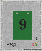 A taped needlepoint canvas with the design: Banner 13 mesh count Squared 9 Black on Green.