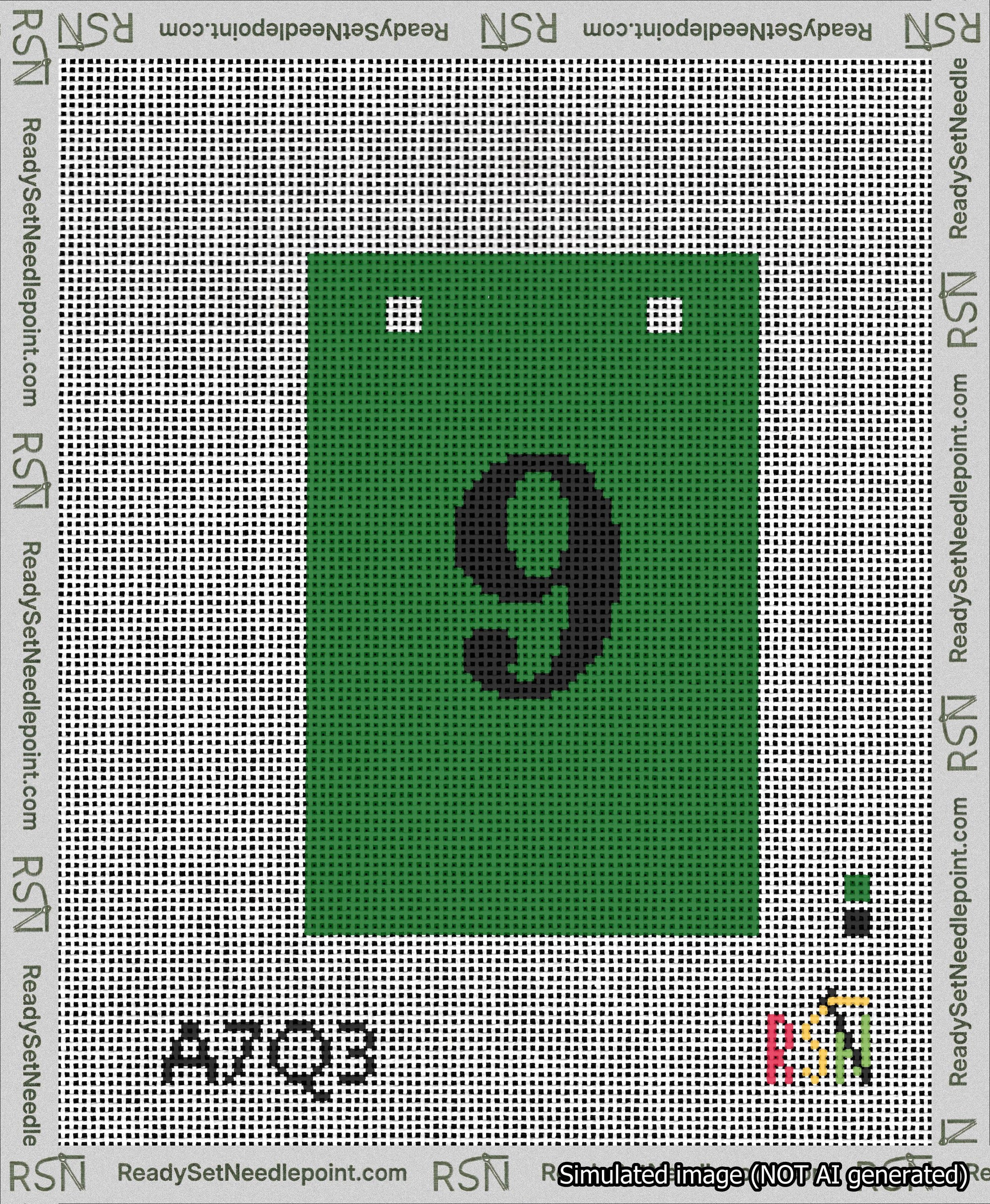 A taped needlepoint canvas with the design: Banner 13 mesh count Squared 9 Black on Green.