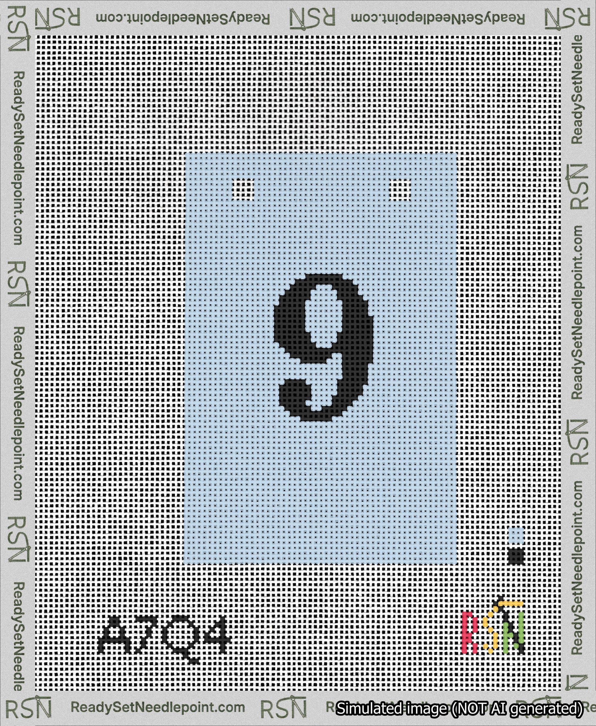 A taped needlepoint canvas with the design: Banner 13 mesh count Squared 9 Black on Light Blue.
