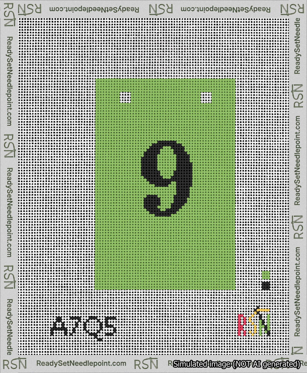 A taped needlepoint canvas with the design: Banner 13 mesh count Squared 9 Black on Light Green.
