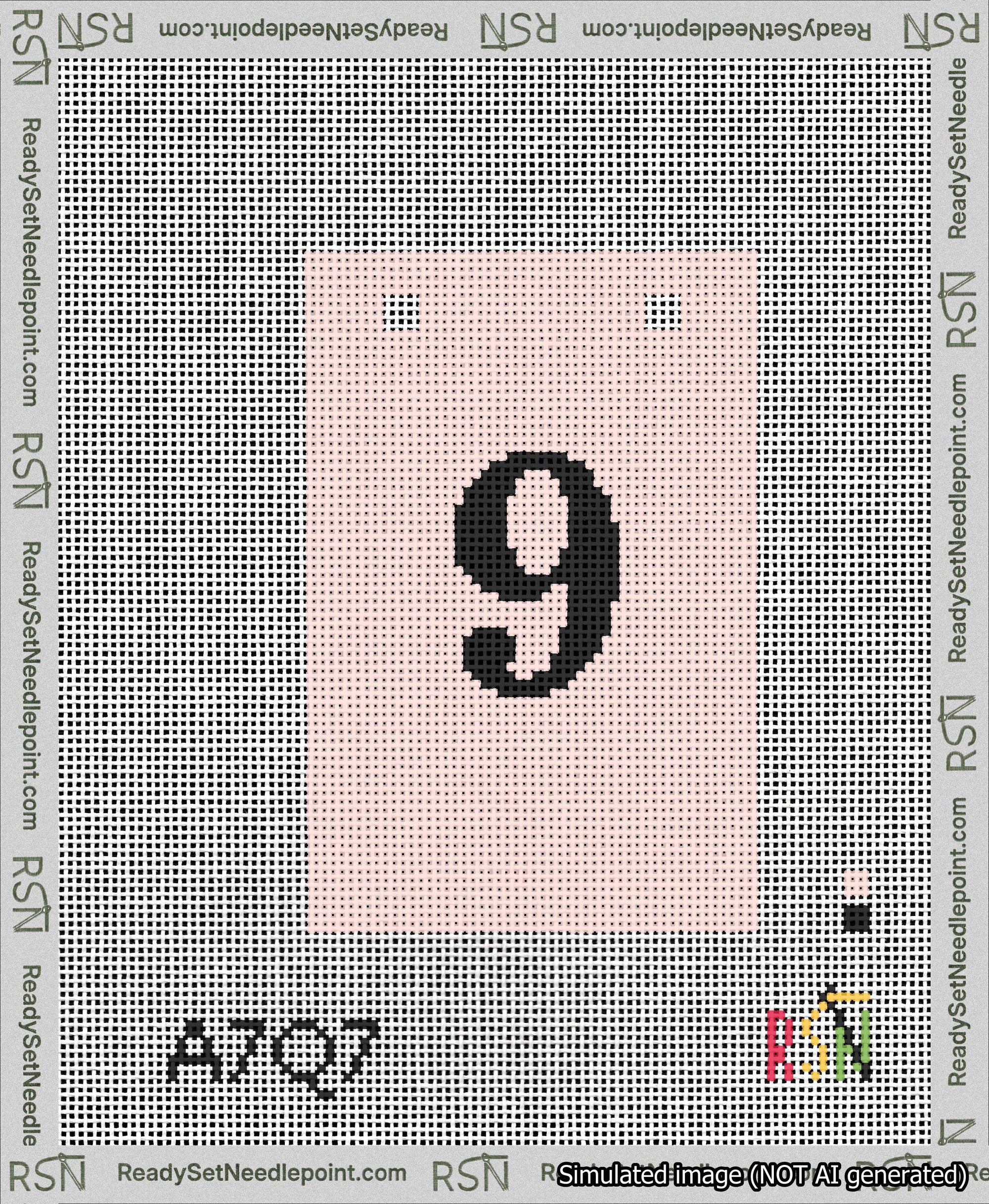 A taped needlepoint canvas with the design: Banner 13 mesh count Squared 9 Black on Pink.