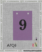 A taped needlepoint canvas with the design: Banner 13 mesh count Squared 9 Black on Purple.