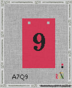 A taped needlepoint canvas with the design: Banner 13 mesh count Squared 9 Black on Red.