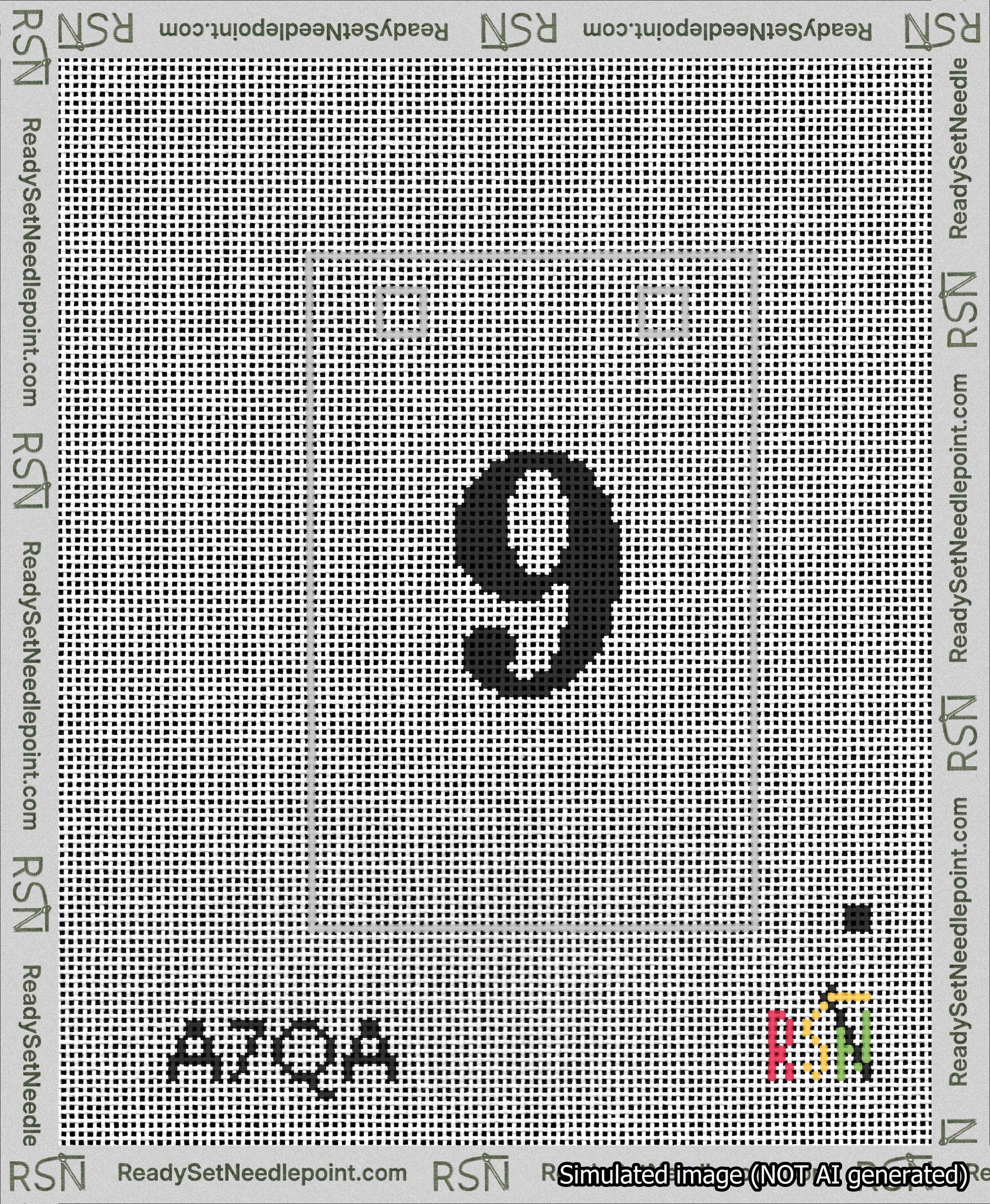 A taped needlepoint canvas with the design: Banner 13 mesh count Squared 9 Black on White.