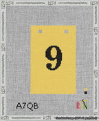 A taped needlepoint canvas with the design: Banner 13 mesh count Squared 9 Black on Yellow.
